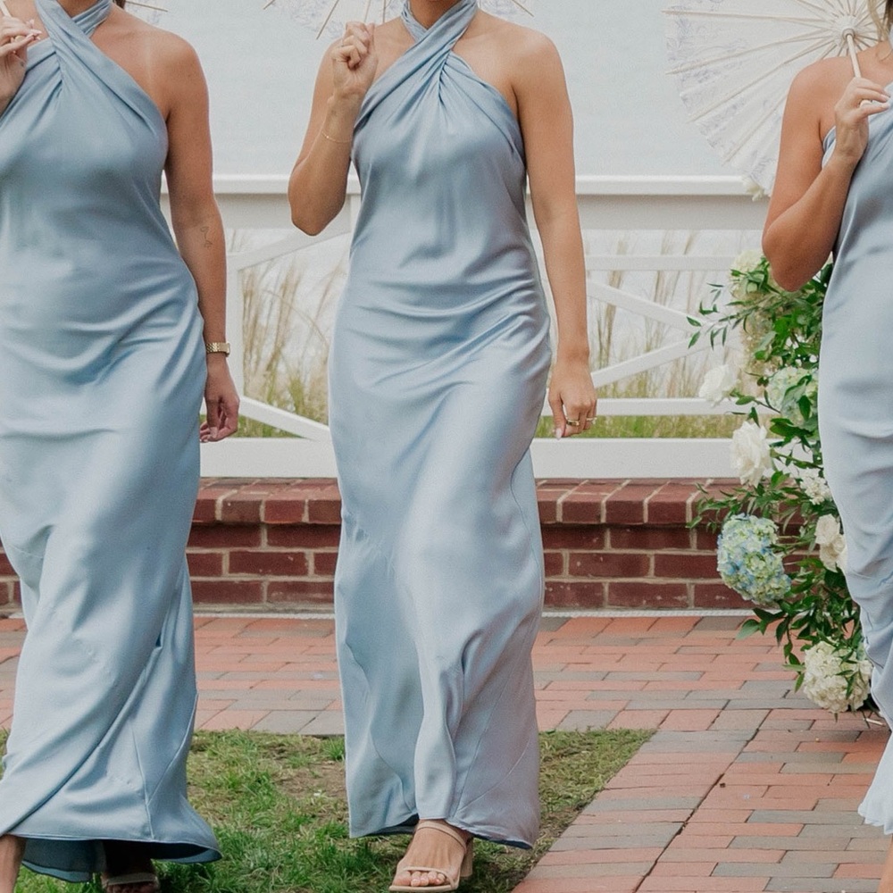 Show Me Your Mumu Jasmine Halter Bridesmaids dress in steel blue